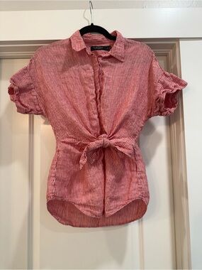Linen-Blend Stripe Tie-Front Shirt - Red